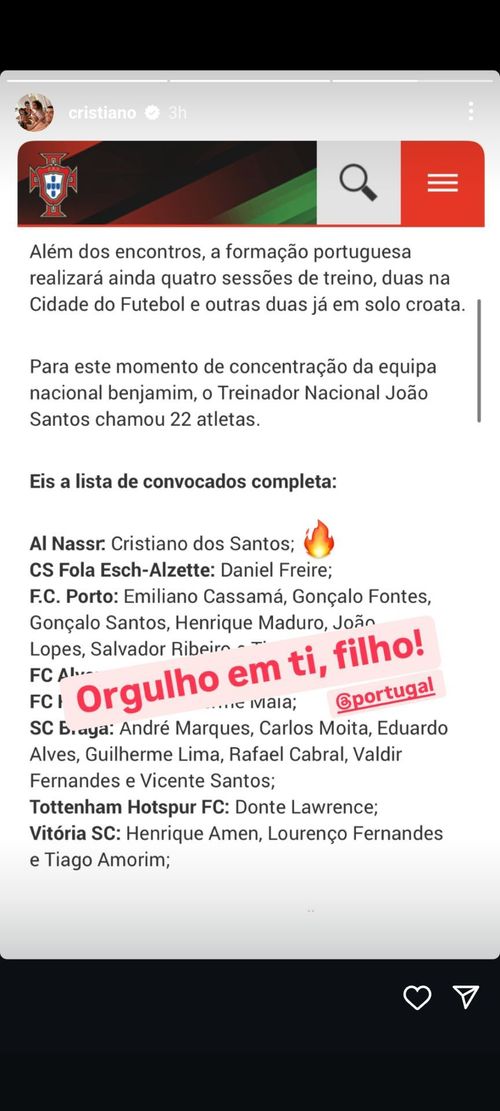Cristiano Ronaldo posts on Instagram after his son was invited to the Portugal U-15 squad