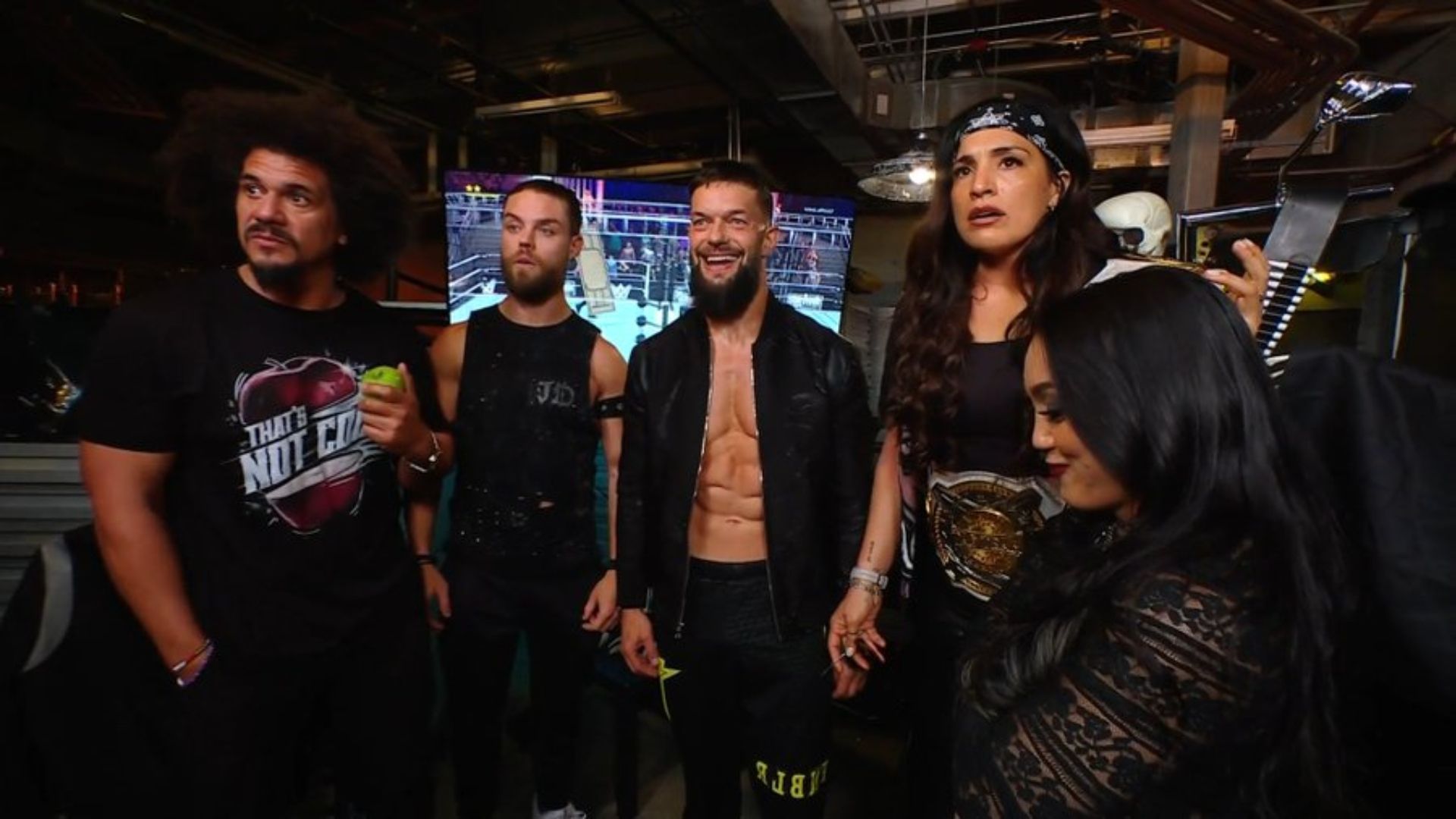 (From left to right) Carlito, JD McDonagh, Finn Balor, and Raquel Rodriguez of The Judgment Day with Roxanne Perez [Image Credits: WWE