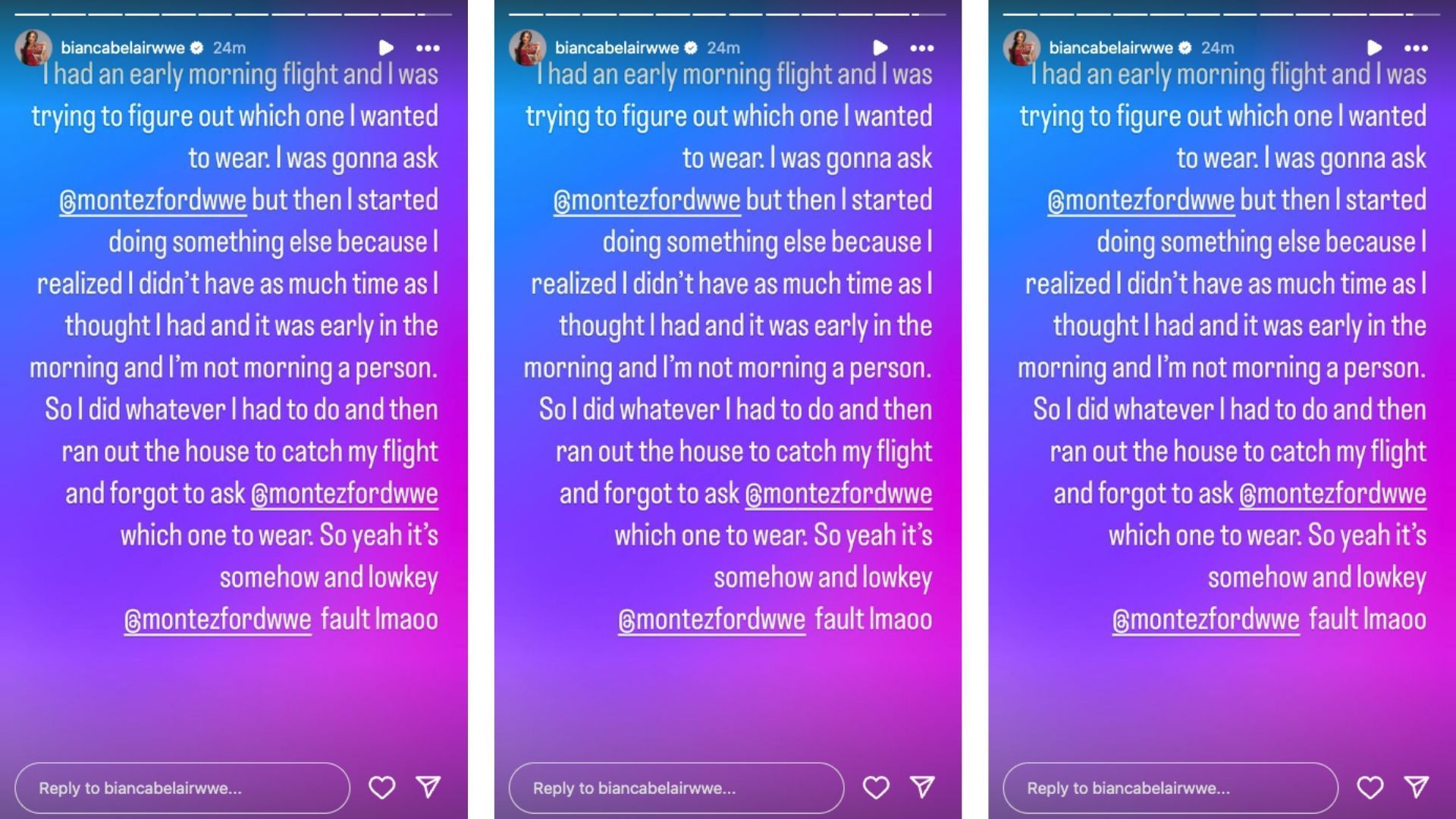 Belair explained a recent wardrobe mishap today on social media. [Image credit: Bianca Belair&#039;s Instagram story]