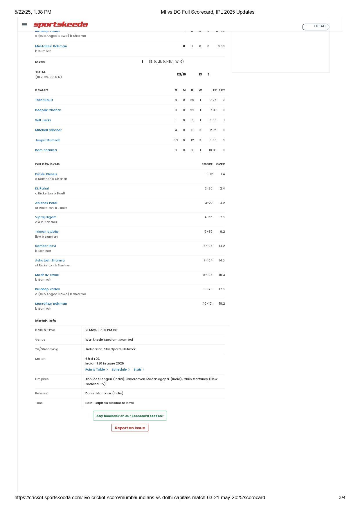 MI vs DC 2025 scorecard.