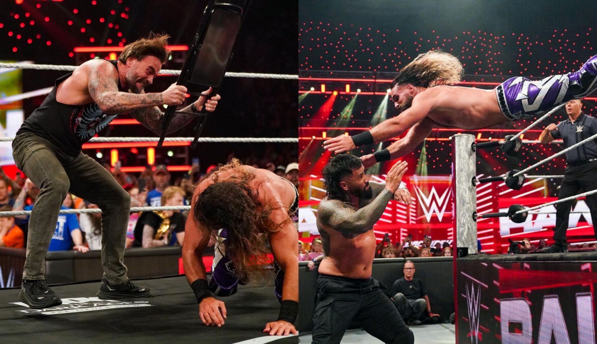 सीएम पंक, सैथ रॉलिंस पर हमला करते और विजनरी जे उसो पर डाइव लगाते (Photo: WWE.com)