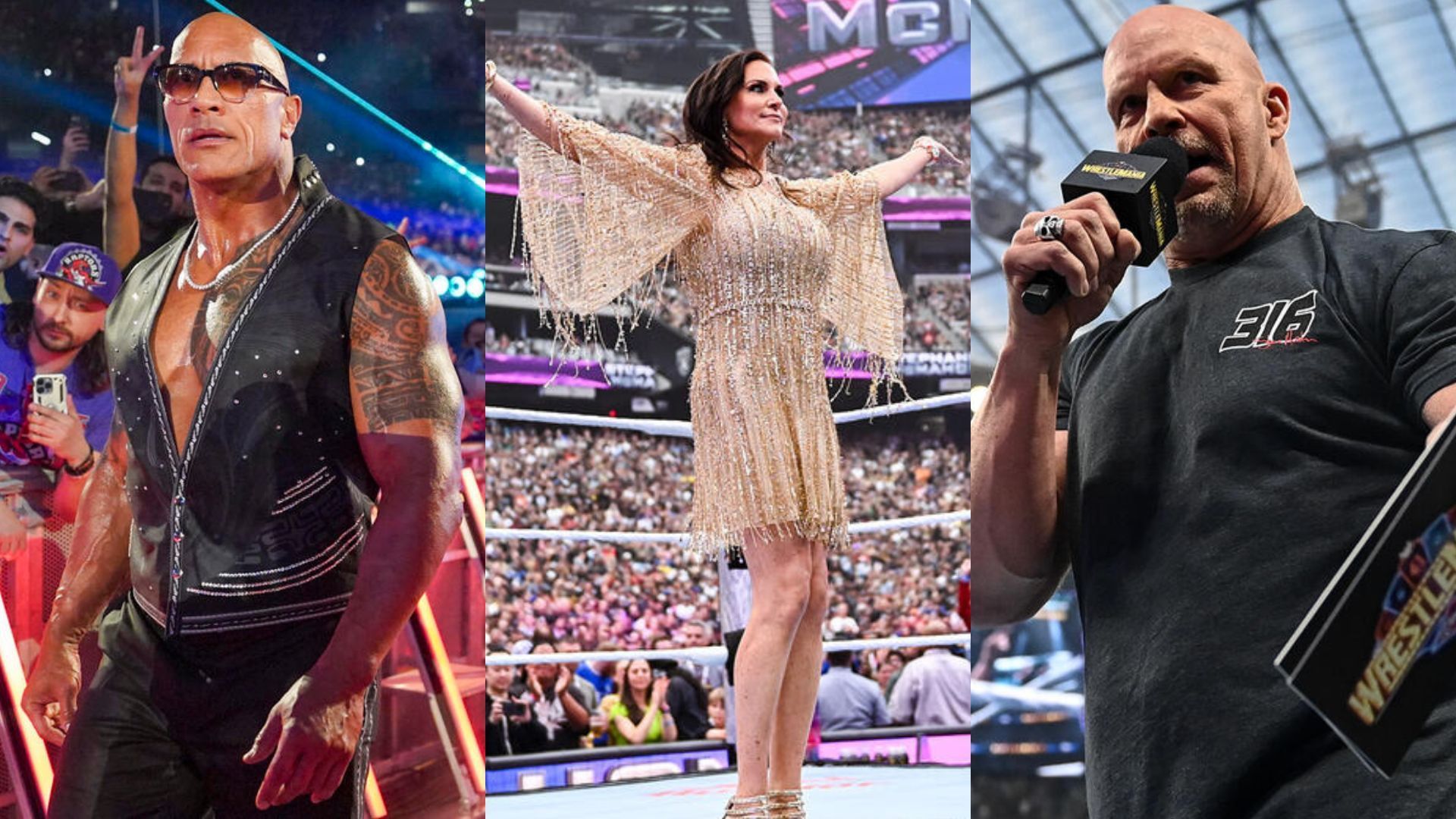 The Rock, Stephanie McMahon, and Steve Austin. [Images via WWE.com]