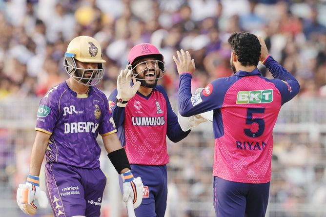 Ajinkya Rahane perishes to Riyan Parag for 30 as he edges a slog sweep to the keeper in KKR vs RR IPL 2025 match [Watch]