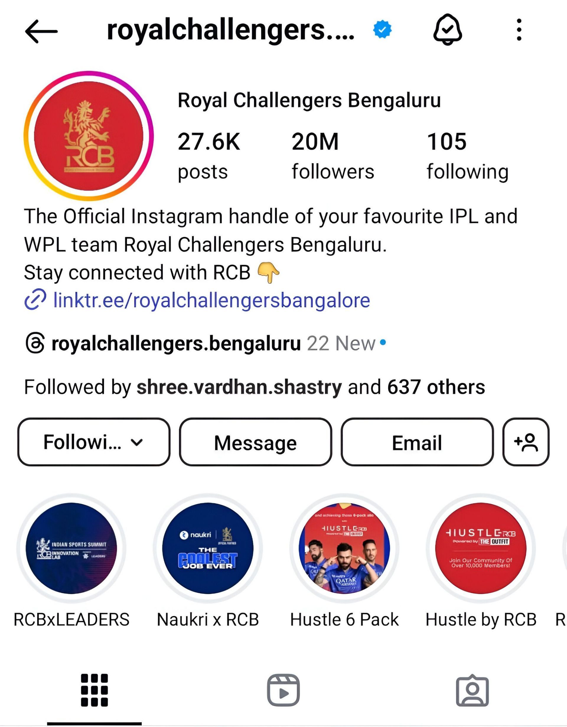 Screenshot of Royal Challengers Bengaluru&#039;s Instagram handle - Source: RCB/IG