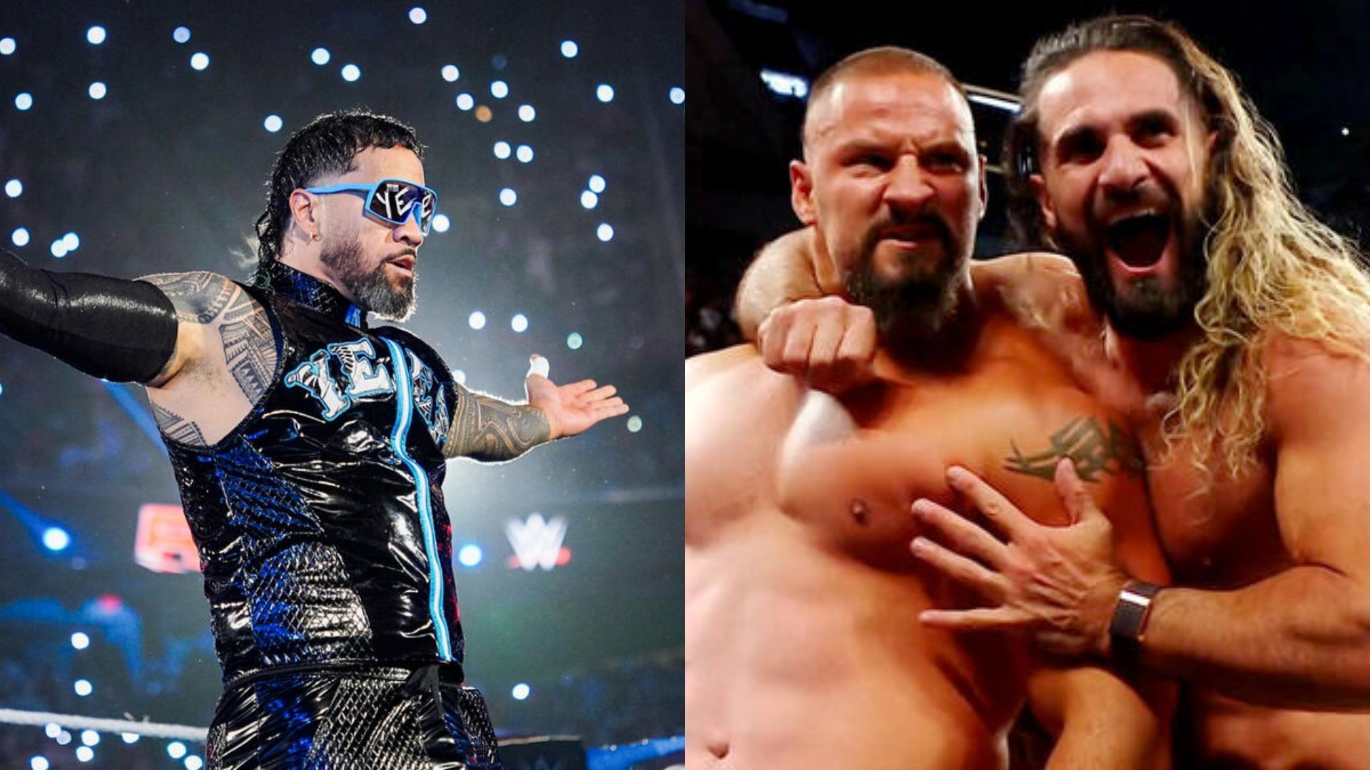 Jey Uso [left] and Bron Breakker and Seth Rollins [right] [Image Credits: WWE.com]
