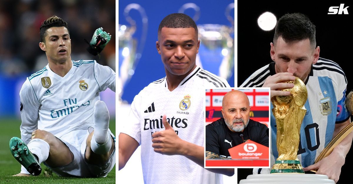 L to R: Cristiano Ronaldo, Kylian Mbappe, Jorge Sampaoli (in box), and Lionel Messi (All images sourced from Getty)