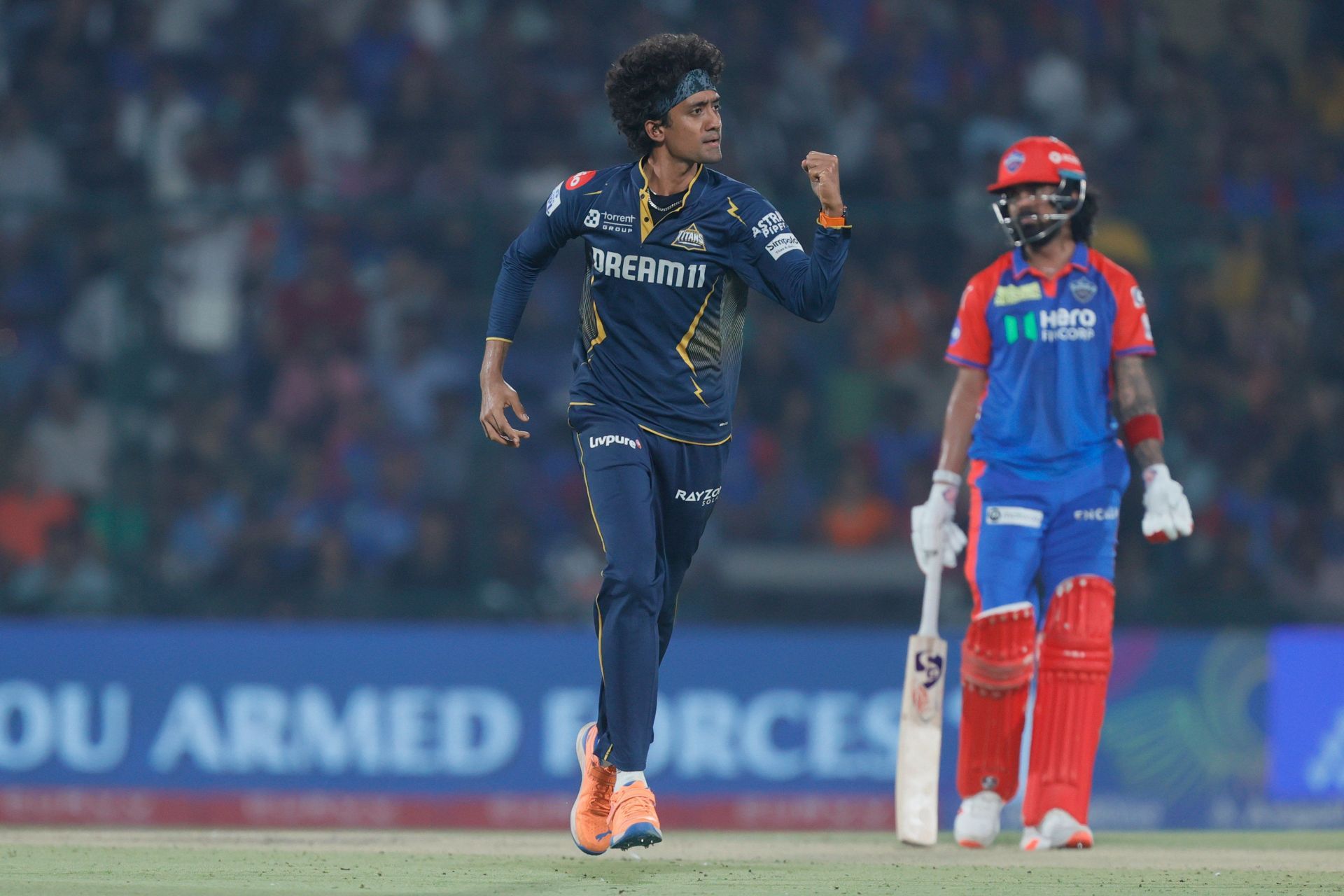 R Sai Kishore celebrating after picking a wicket during DC vs GT IPL 2025 match. (Image: IPL/X)