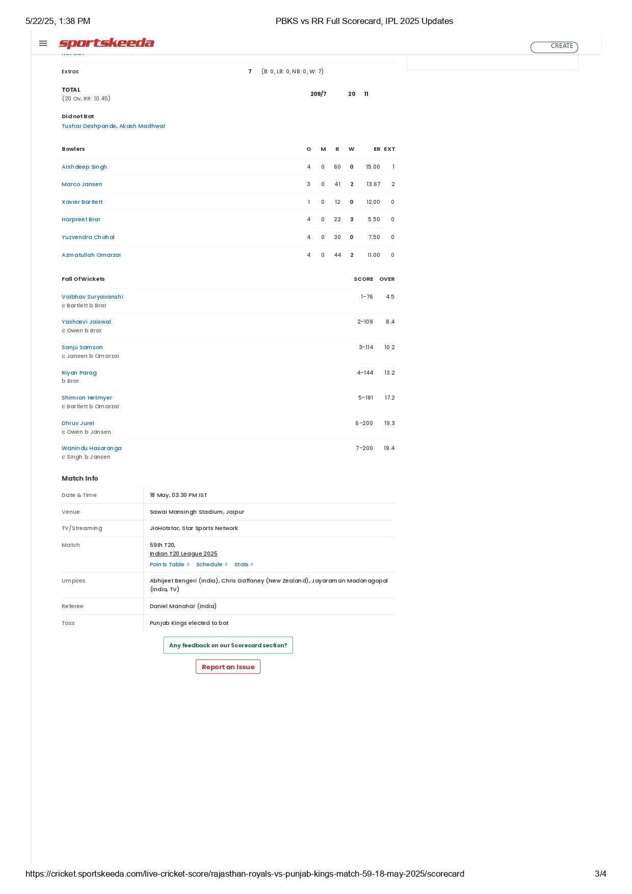 PBKS vs RR IPL 2025 scorecard.