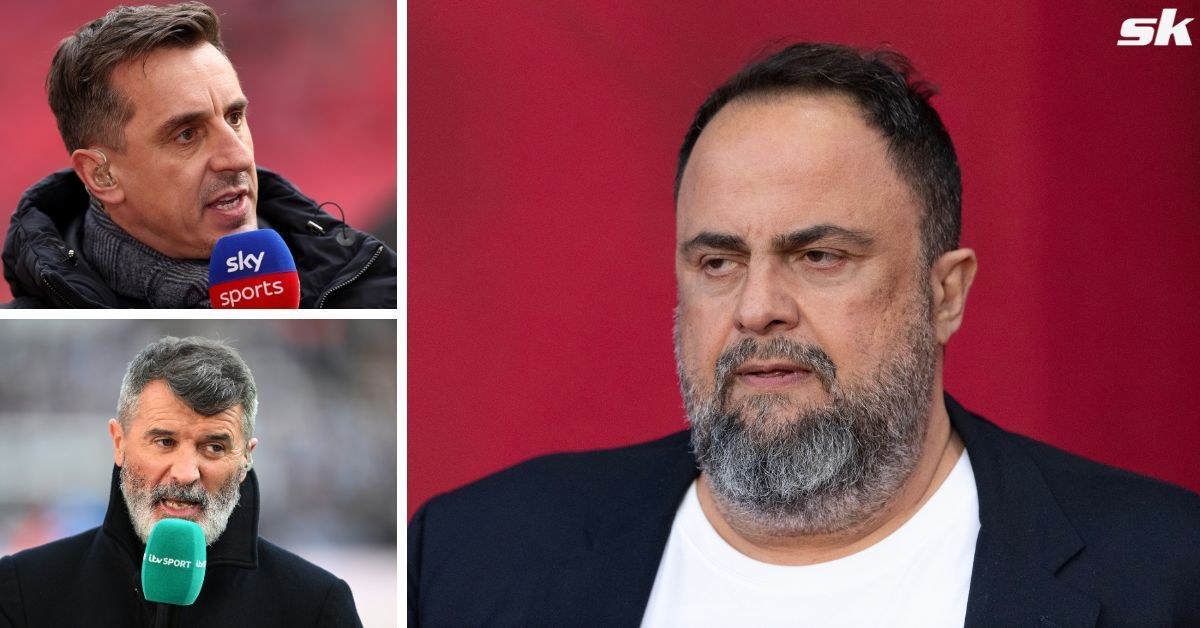 L to R: Gary Neville (up), Roy Keane (below) and Nottingham Forest owner Evangelos Marinakis