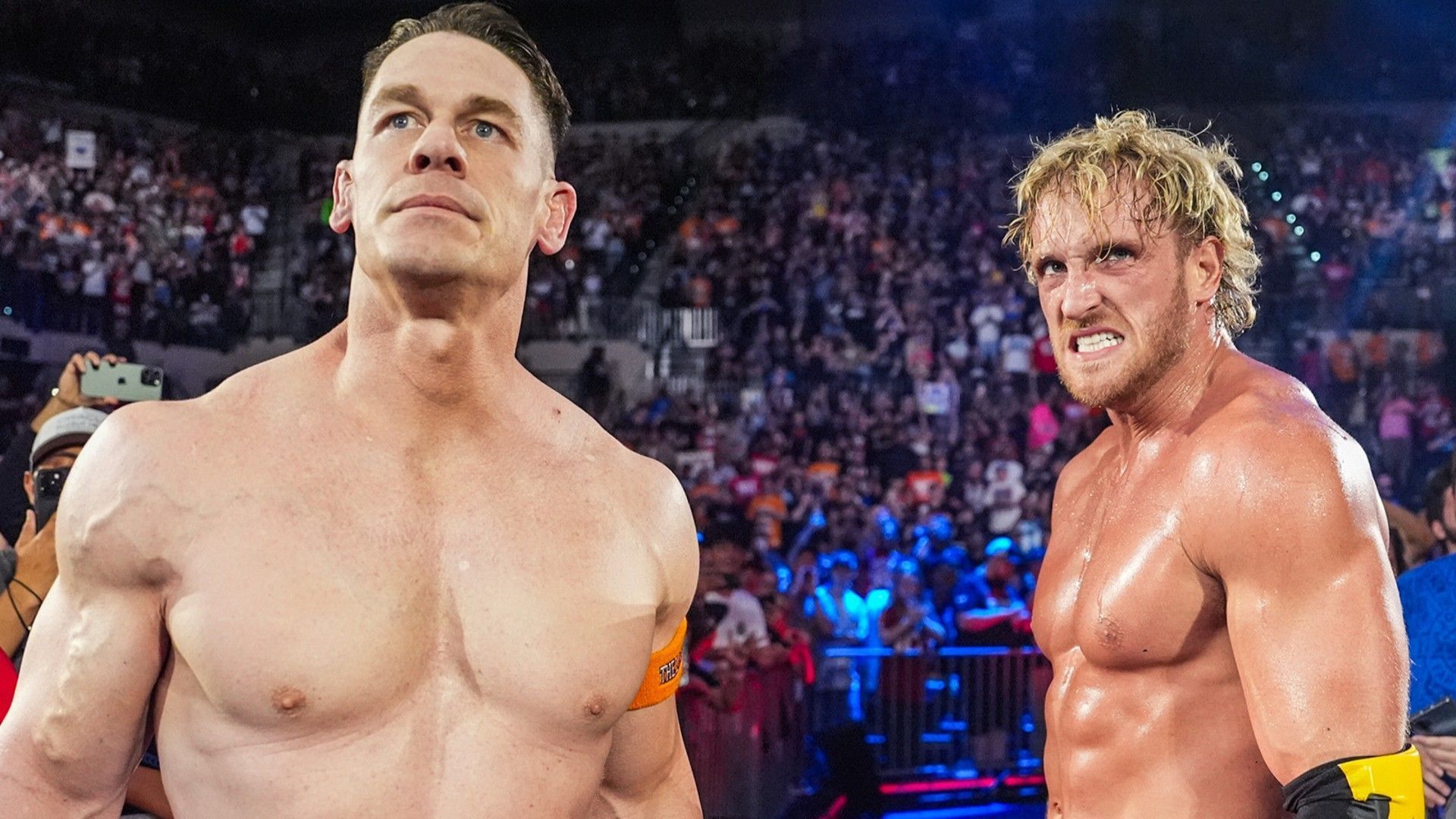 John Cena and Logan Paul stand together at WWE SNME