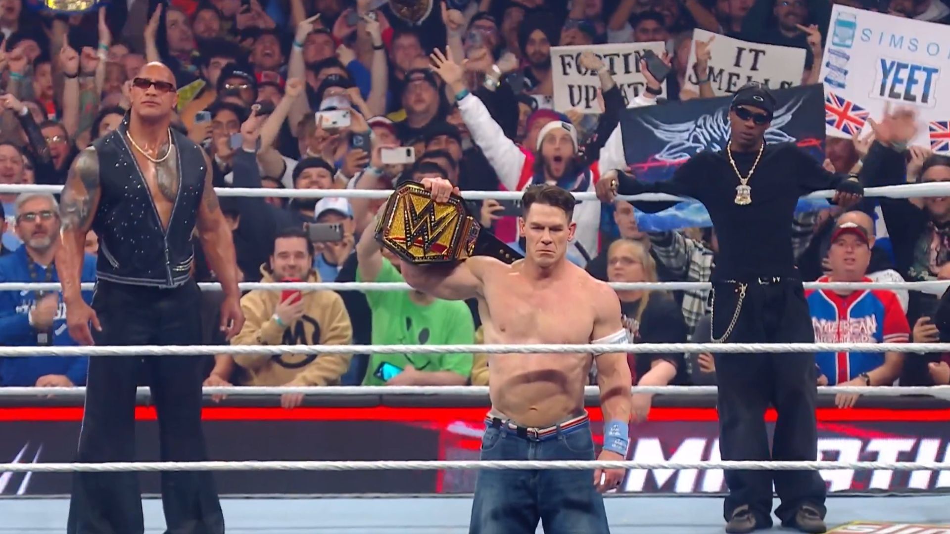 (From the left) The Rock, John Cena, and Travis Scott [Image Credits: WWE