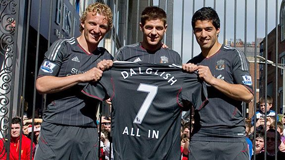 Dirk Kuyt, Steven Gerrard and Luis Suarez