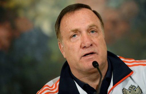 Russia&#039;s national football team coach Dick Advocaat speaks during a press conference at the Bristol hotel in Warsaw