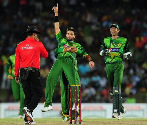 Pakistan cricketer Shahid Afridi (C) during the second and final Twenty20 match against Sri Lanka