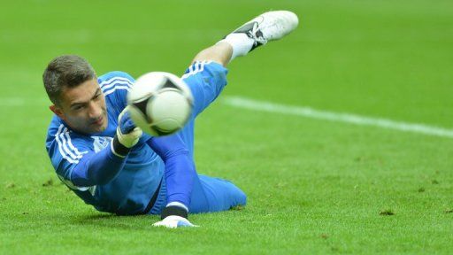 Greek goalkeeper Kostas Chalkias dives during training on June 7 at the National Stadium in Warsaw