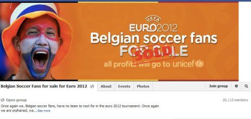 The Facebook page showing the group  &#039;Belgian soccer fans for sale for Euro 2012&#039;