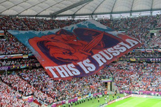 Russia&#039;s football fans display a giant banner