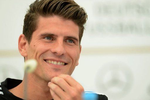 Mario Gomez gives a press conference at the media center near the Dwor Oliwski hotel in Gdansk Friday