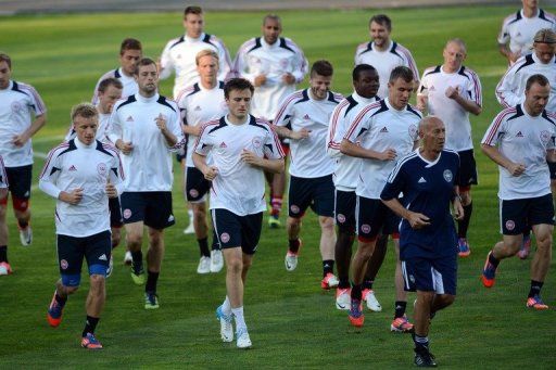 Danish players attend a training session at the Arena Lviv