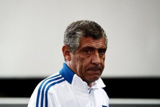 Greece&#039;s coach Fernando Santos looks on during a press conference at the Municipal stadium