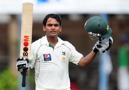 Mohammad Hafeez celebrates after scoring his fifth Test century