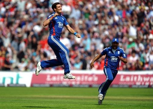 Fast bowler Steven Finn (left), twice on a hat-trick, took four for 37