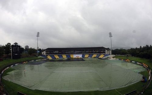 The playing surface at the Pallekele International Stadium covered with plastic sheeting