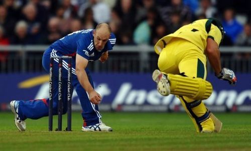 England bowler Tredwell runs out Australia's Peter Forrest