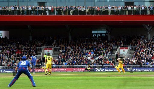 Australia&#039;s Matthew Wade and David Warner add runs during the fifth One Day Cricket match between England and Australia