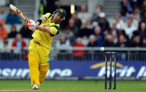 Australia&#039;s David Warner swings for the ball during the fifth One Day Cricket match between England and Australia