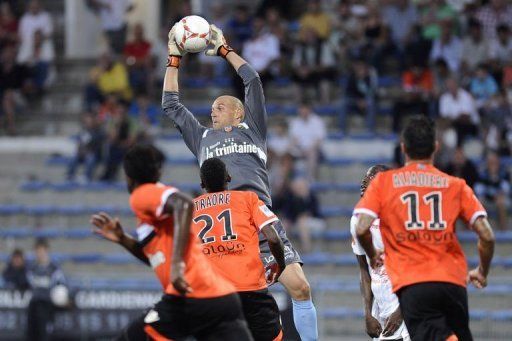 Lorient&#039;s goalkeeper Fabien Audard catches the ball