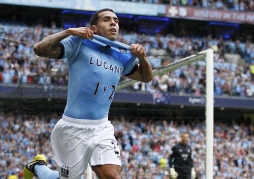 Manchester City's Argentinian player Carlos Tevez celebrates scoring a goal