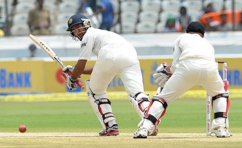 Cheteshwar Pujara plays a shot during the first Test against New Zealand. He played his last Test in 2011