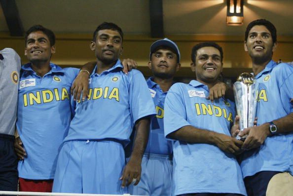 (L-R) Mohammad Kaif, Jai Prakash Yadav, Sourav Ganguly, Virender Sehwag and Yuvraj Singh with the trophy after