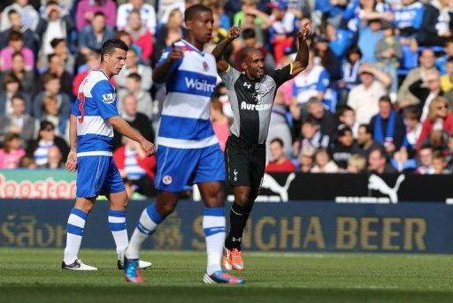 Tottenham Hotspurs striker Jermain Defoe celebrates after scoring Tottenham&#039;s first goal