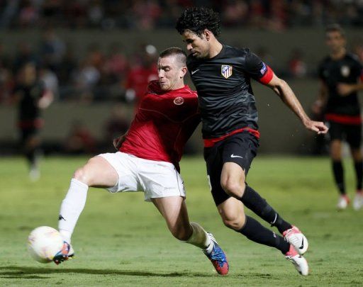 Atletico Madrid&#039;s forward Diego Costa (R) challenges Hapoel Tel-Aviv&#039;s defender Mor Shushan