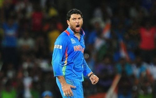 Indian cricketer Yuvraj Singh celebrates after he dismissed Pakistan batsman Kamran Akmal