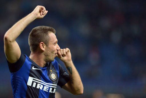 Inter Milan&#039;s Antonio Cassano celebrates after scoring