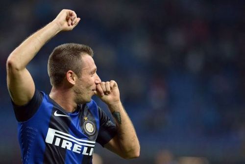 Inter Milan's Antonio Cassano celebrates after scoring