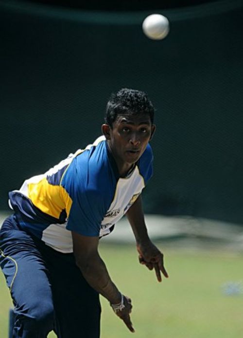 Sri Lankan spinner Ajantha Mendis bowls on the eve of the World Twenty20 final against the West Indies in Colombo