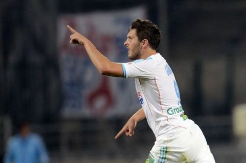 Marseille's Andre-Pierre Gignac celebrates after scoring