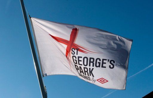 A flag flies at the entrance of St George&#039;s Park complex in Burton-Upon-Trent