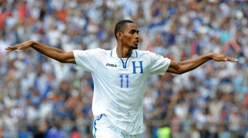 Honduran Jerry Bengtson celebrates after scoring against Canada