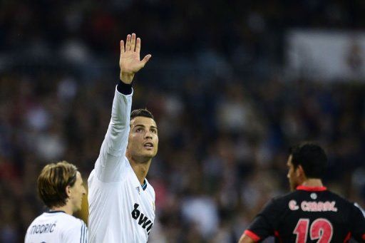 Real Madrid&#039;s forward Cristiano Ronaldo celebrates after scoring