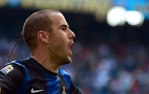 Inter Milan&#039;s Rodrigo Palacio celebrates after scoring during the Serie A