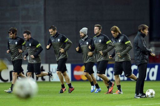 Juventus players attend a training session in Copenhagen