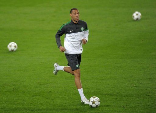 Celtic&#039;s Kelvin Wilson takes part in a training session at the Camp Nou