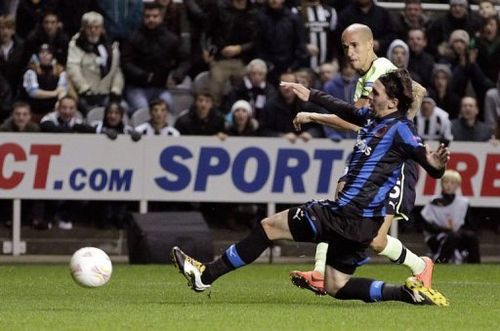 Newcastle United's Gabriel Obertan (back) scores