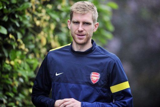 Arsenal&#039;s German centre-back Per Mertesacker, pictured prior a training session in London