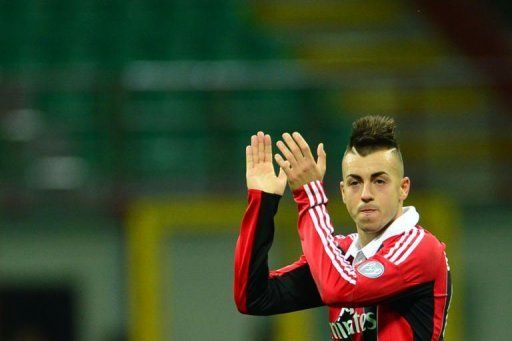 AC Milan&#039;s forward Stephan El Shaarawy celebrates at the end of the Italian Serie A football match